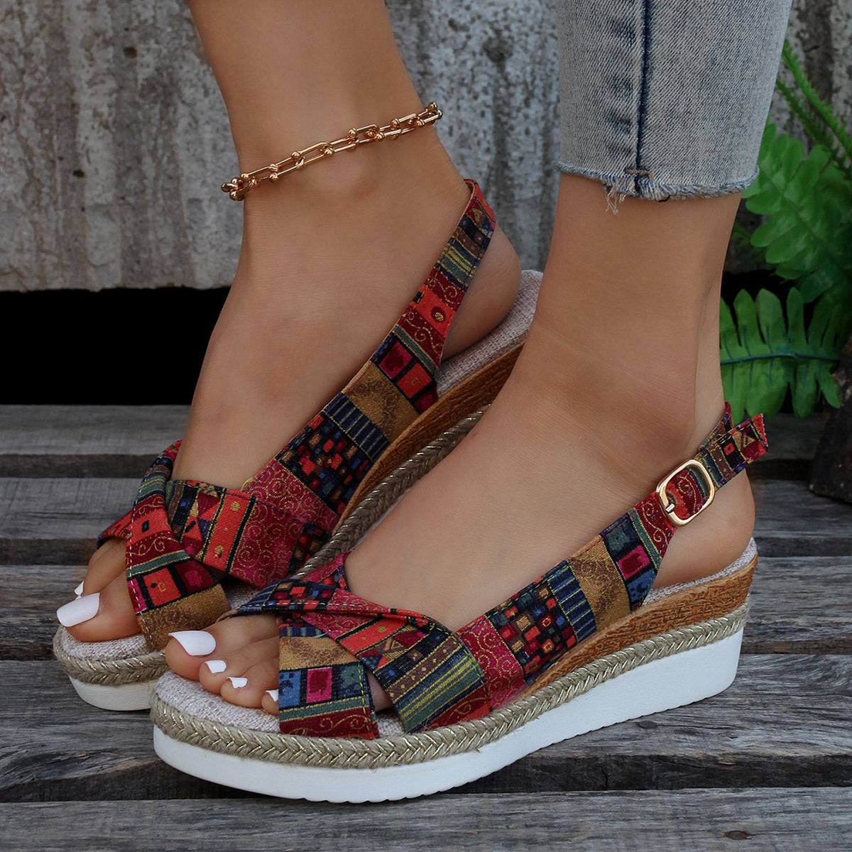 CD | Imprimat deschis slingback espadrile sandale wedge
