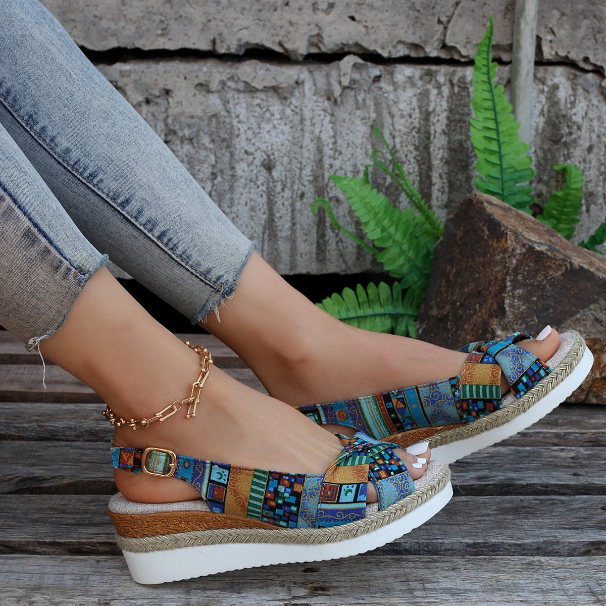 CD | Imprimat deschis slingback espadrile sandale wedge