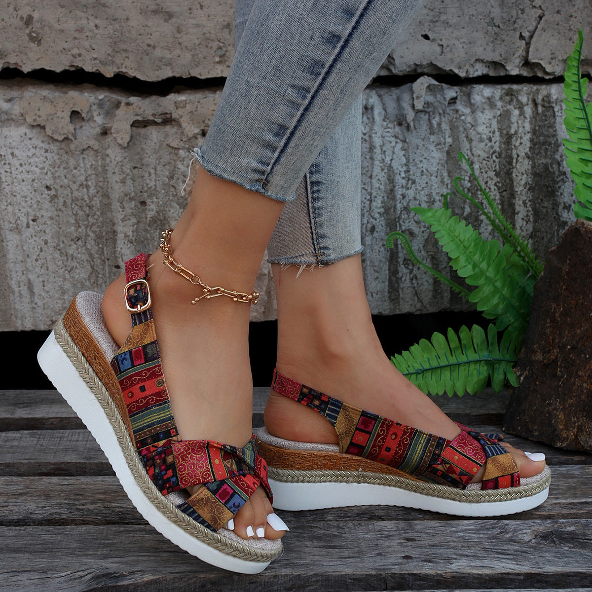 CD | Imprimat deschis slingback espadrile sandale wedge