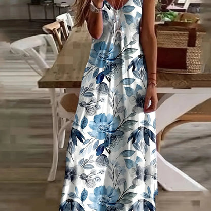 CD | Fresh Geometric Print imprimate V-neck Suspender rochie lungă de vară de vacanță gleznă-lungime plajă și mare Suspender rochie