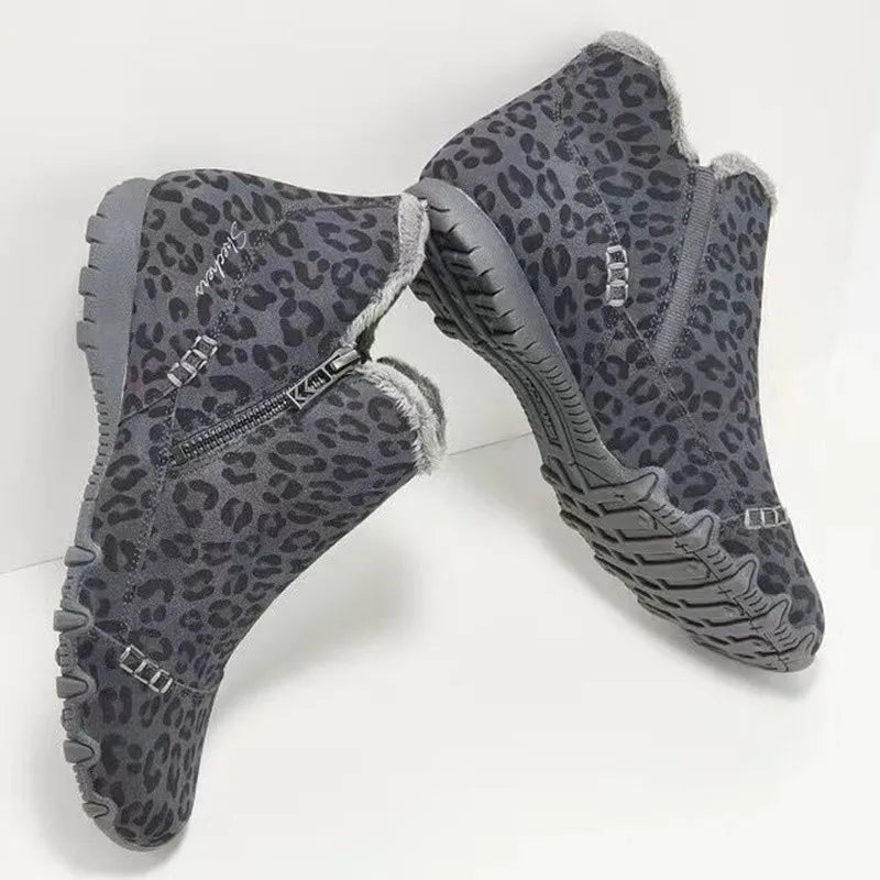 CD | Botine cu imprimeu leopard cu căptușeală din blană artificială