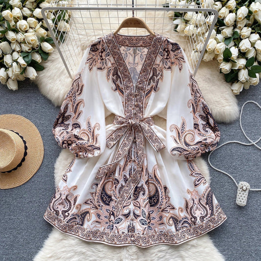 CD | Rochie mini elegantă cu imprimeu vintage, mâneci bufante în linie A și decolteu în V