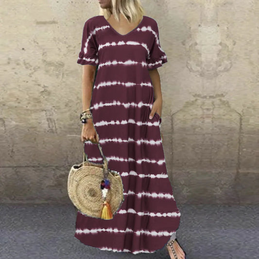 CD | Vara Noua rochie V-Neck Ruffle mâneci Stripe imprimate rochie lungă mare Casual rochie