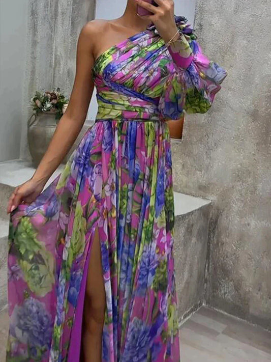 CD | Rochie maxi sexy mov cu fantă laterală și o singură mânecă