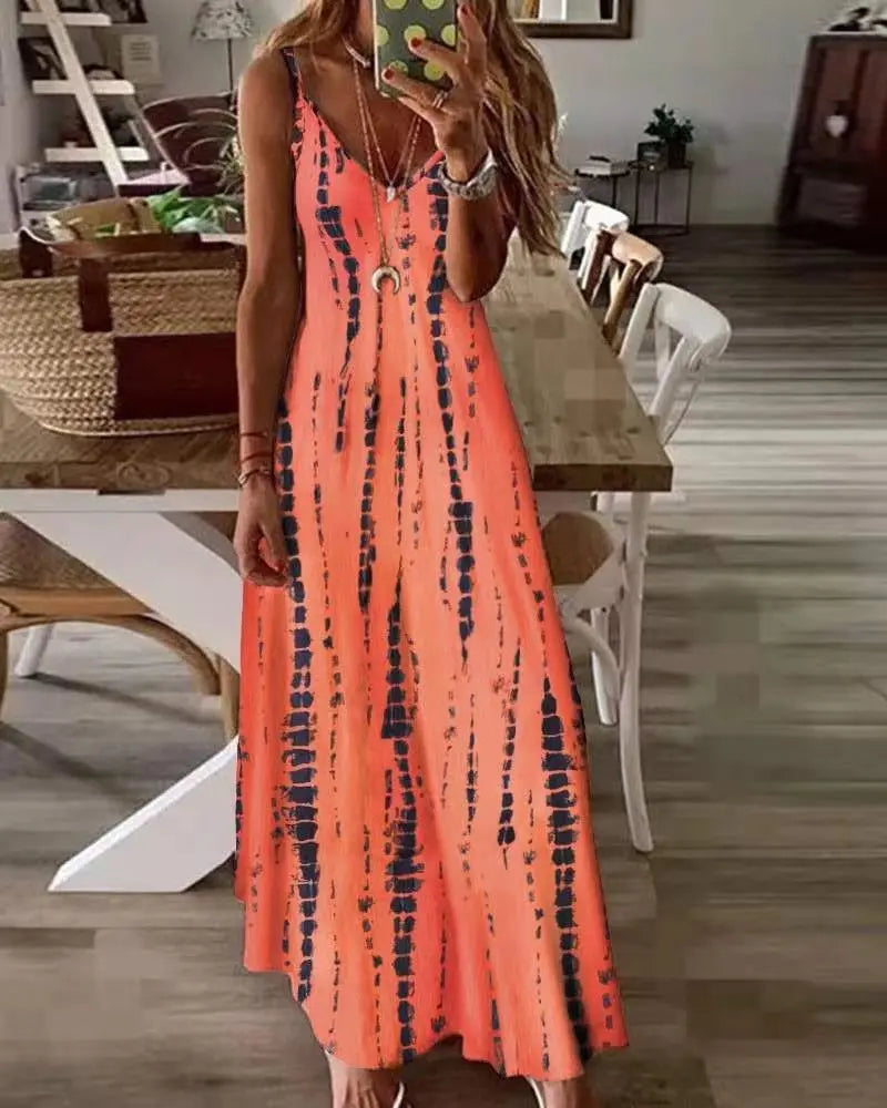 CD | Casual imprimate Maxi Spaghete curea rochii pentru femei V-Neck Backless A-Line rochie lungă Moda Boemian Style Beach Vestidos