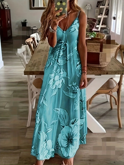 CD | Fresh Geometric Print imprimate V-neck Suspender rochie lungă de vară de vacanță gleznă-lungime plajă și mare Suspender rochie