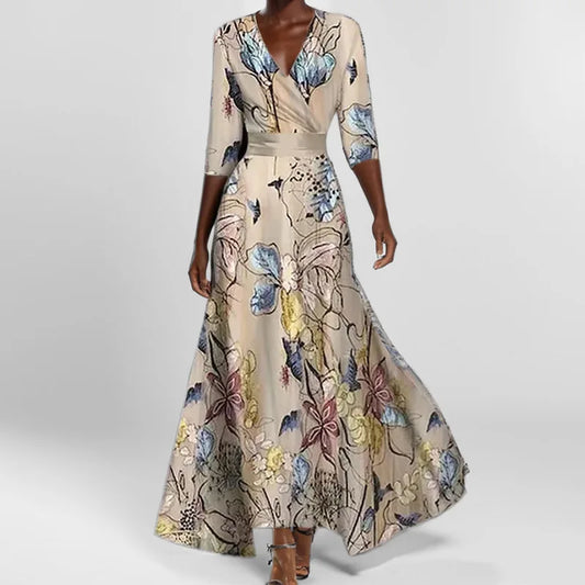 CD | Primăvară Vară Femei Fashion V Neck Belted Party Rochie lungă Sexy Print Boho Maxi Dresses Short Sleeve Bag Femlae Holiday