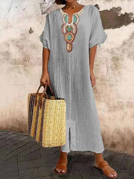 CD | New2025 Femei Boho Vintage brodate bumbac lenjerie rochie lungă doamnelor V-Neck Split Maxi Party rochie scurtă maneca vrac rochie