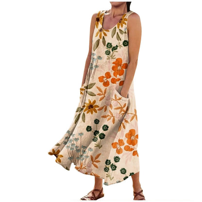 CD | Femei Boho florale imprimate plaja rochie lungă moda rotund gât Suspender rochii elegante Casual vrac confortabil rochie 2024