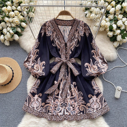 CD | Rochie mini elegantă cu imprimeu vintage, mâneci bufante în linie A și decolteu în V