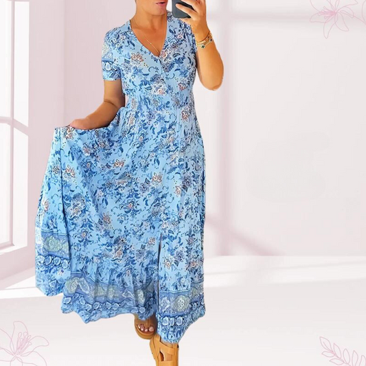 CD | Rochie lungă casual cu model floral, talie încrețită și decolteu în V