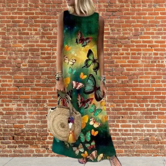 CD | Rochie lungă cu decolteu rotund și model floral
