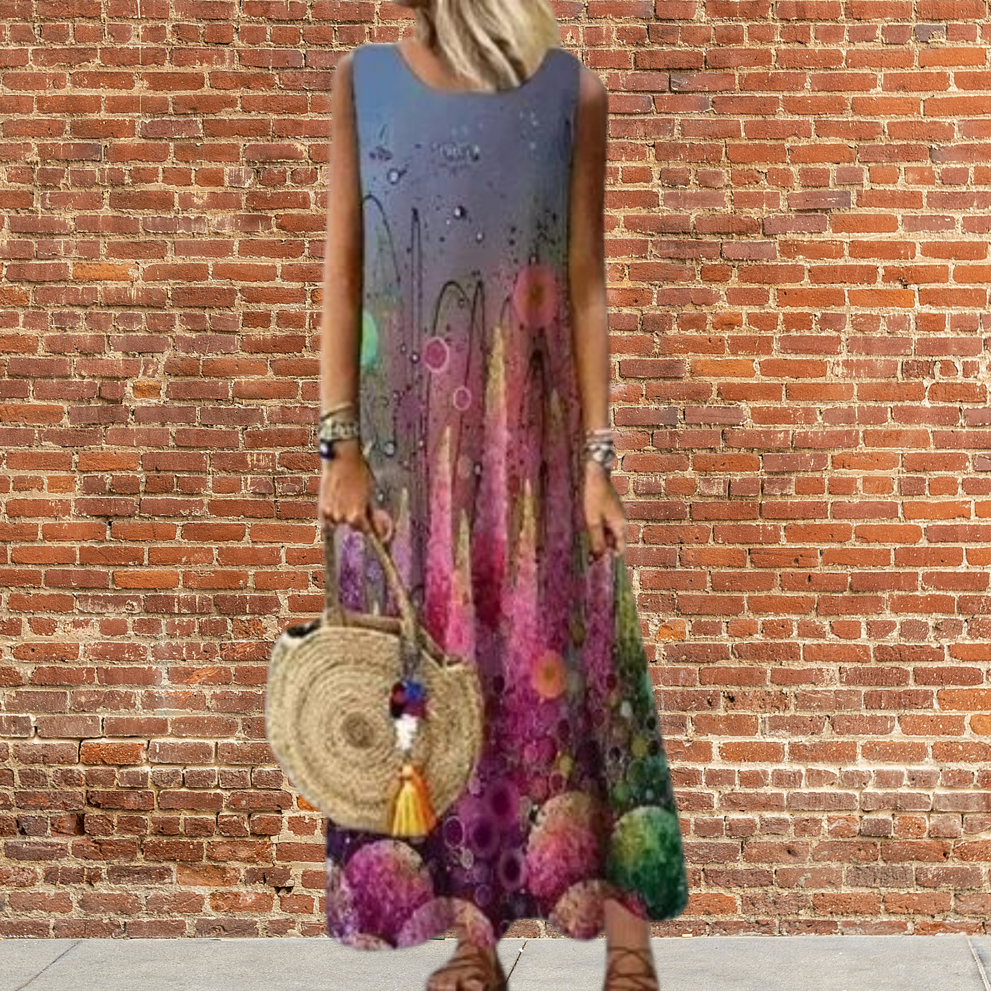 CD | Rochie lungă cu decolteu rotund și model floral