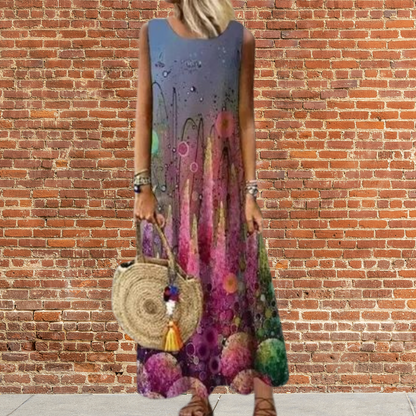 CD | Rochie lungă cu decolteu rotund și model floral