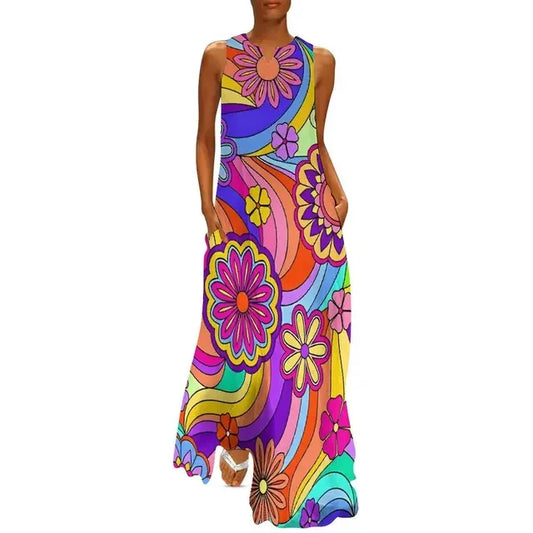 CD | Flower Power Women Rochie Vara Retro Floral Print Street Wear Bohemia Rochie lungă Womens Sleeveless Sexy Maxi Dress Big Size 3XL