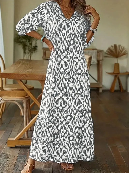 CD | 2024 Europene și americane transfrontaliere AliExpress toamna și iarna fashionista drăguț vrac V-neck imprimare mijlocul mâneci rochie lungă