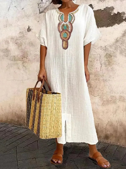 CD | New2025 Femei Boho Vintage brodate bumbac lenjerie rochie lungă doamnelor V-Neck Split Maxi Party rochie scurtă maneca vrac rochie