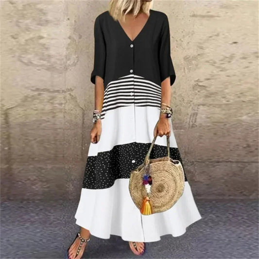 CD | 2025 Primăvară Oversize rochie lungă pentru femei imprimare V-Neck cu mânecă scurtă buton vrac A-Line rochii Femei Casual Elegant îmbrăcăminte pentru femei