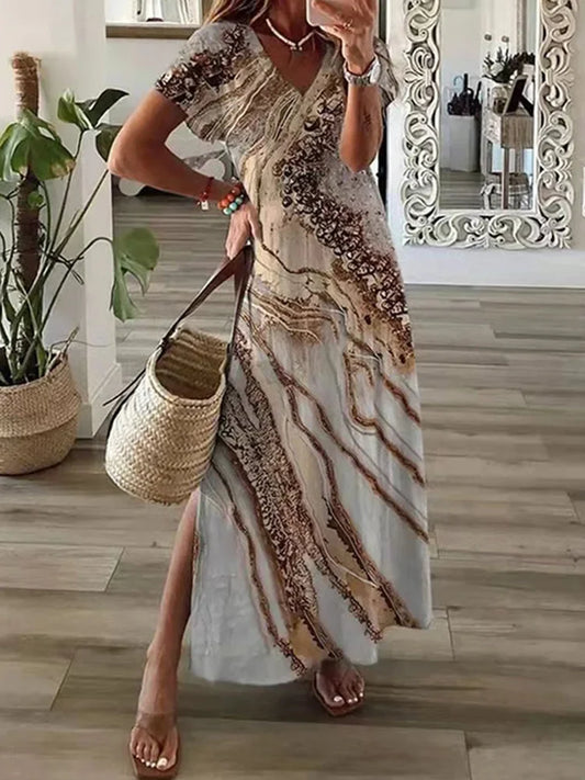 CD | Geometric neregulate imprimate T-shirt rochie lungă Femei de vară rotund gât scurt maneca A-Line rochie Casual Holiday Robe