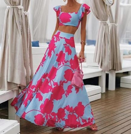 CD | Rochie sexy de vară din două piese cu imprimeu boho