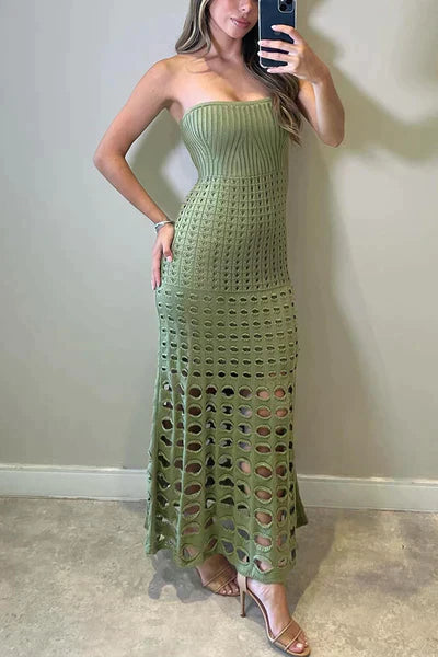CD | Rochie maxi rustică fără umeri cu patchwork și decupaje