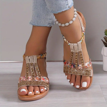 CD | Boho glam rhinestone împletit sandale wedge