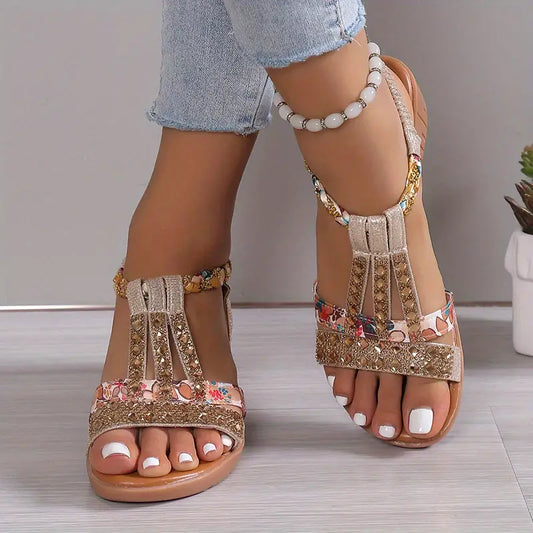 CD | Boho glam rhinestone împletit sandale wedge