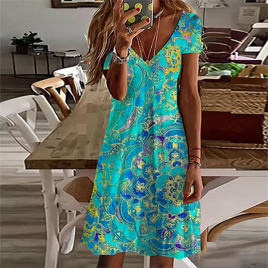 CD | Rochie mini până la genunchi, albastru ocean, cu imprimeu mandala și mâneci scurte