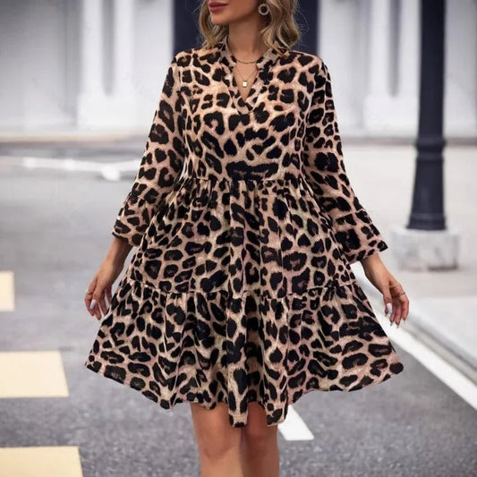 CD | Rochie mini cu mâneci lungi, cu decolteu în V și imprimeu leopard